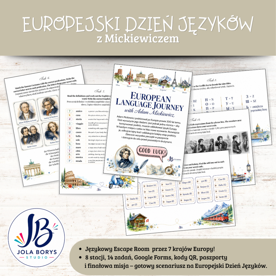 Europejski Dzień Języków – European Language Journey with Adam Mickiewicz – językowy Escape Room, 7 stacji, 14 zadań, Google Forms, QR