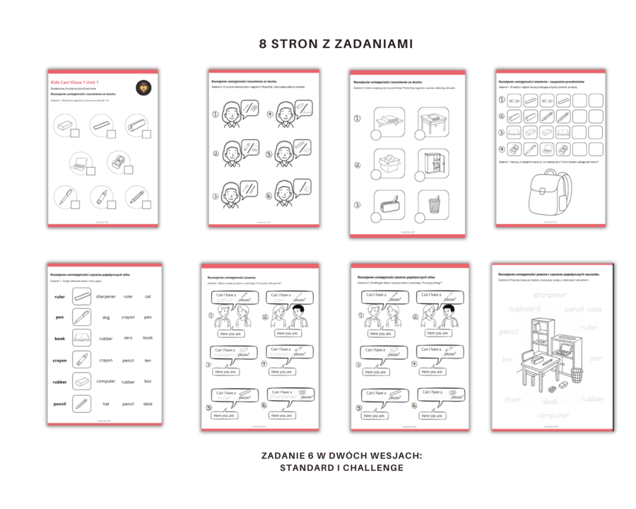 Kids Can 1 Unit 1 Dodatkowe zadania utrwalające i powtórzeniowe Klasa Pierwsza Przybory Szkolne Zadania Słuchanie Czytanie Mówienie Pisanie