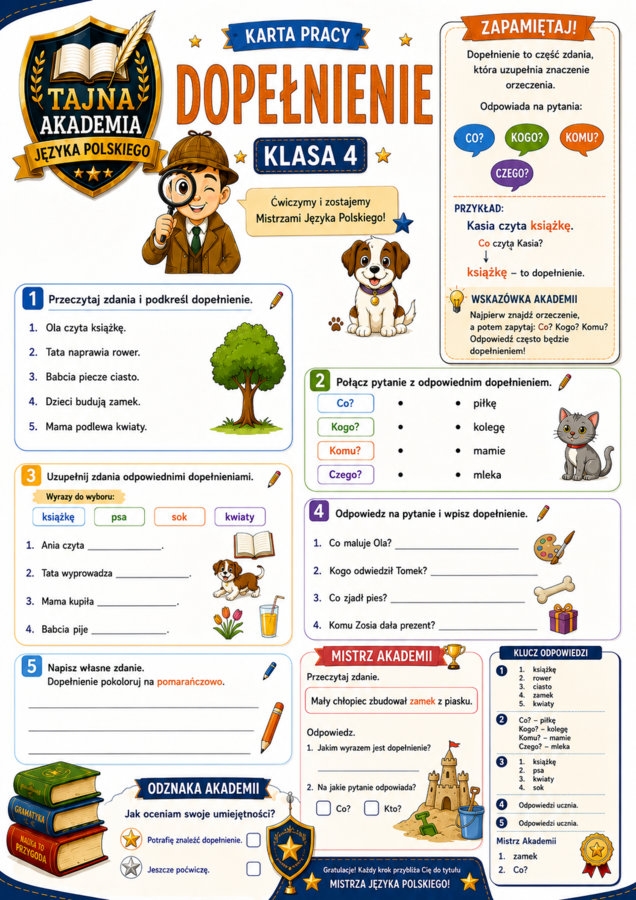 Dopełnienie – karta pracy | Klasa 4 | Tajna Akademia Języka Polskiego | PDF
