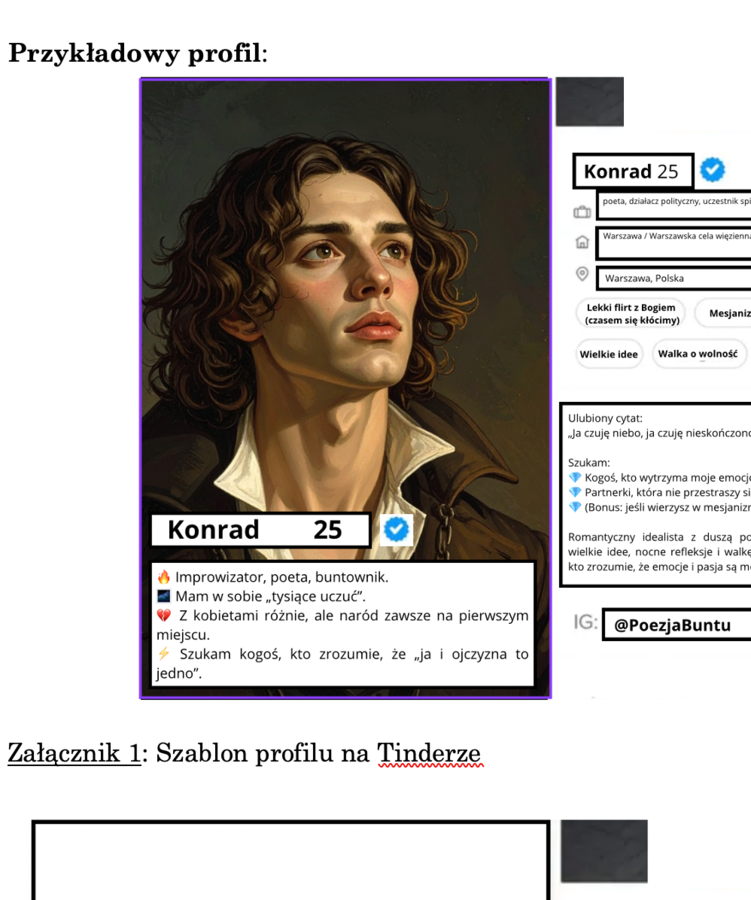 Profil bohatera literackiego na Tinderze - scenariusz ćwiczenia + szablon