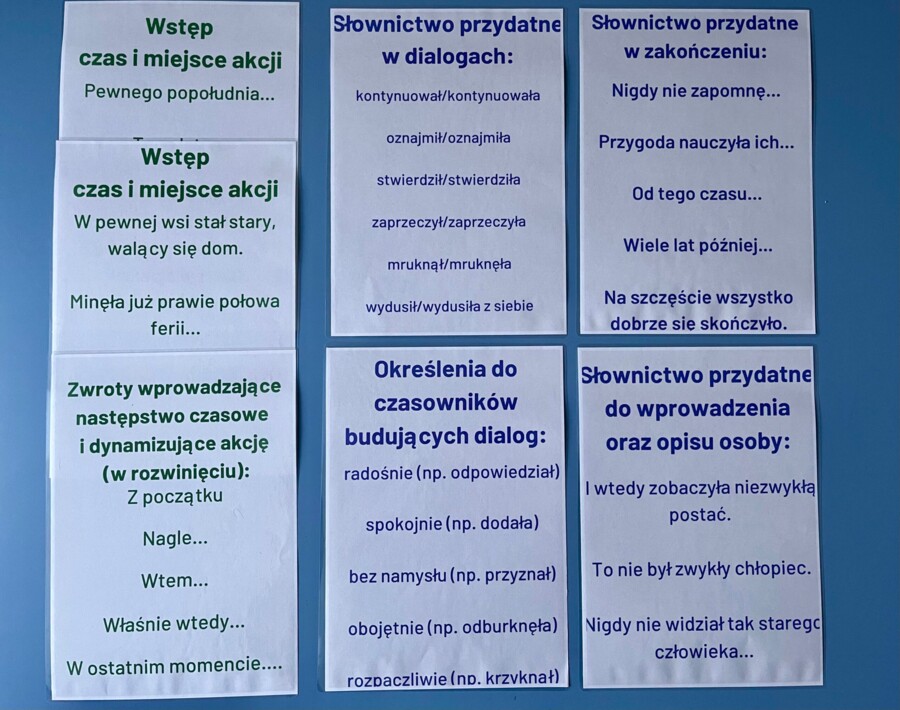 Opowiadanie twórcze – przydatne słownictwo – kolorowe karty A4