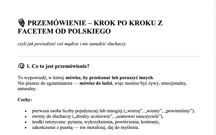 Przemówienie - schemat dla uczniów klasy ósmej