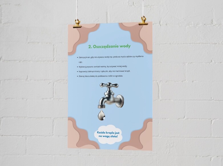 PLAKAT. Podstawowe zasady ochrony środowiska. Główne sposoby dbania o przyrodę (segregacja śmieci, oszczędzanie wody i energii).