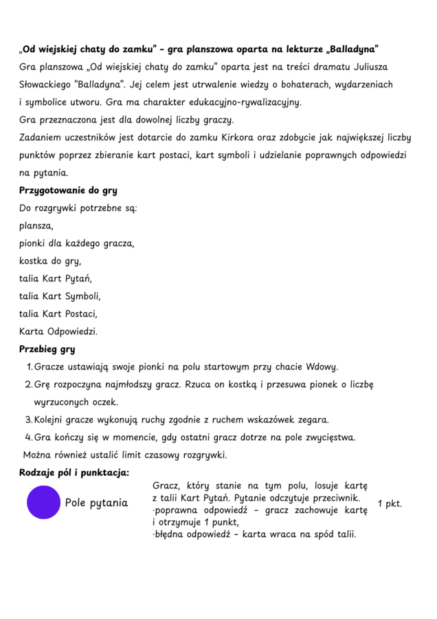 "Balladyna" gra dydaktyczna - rywalizacja