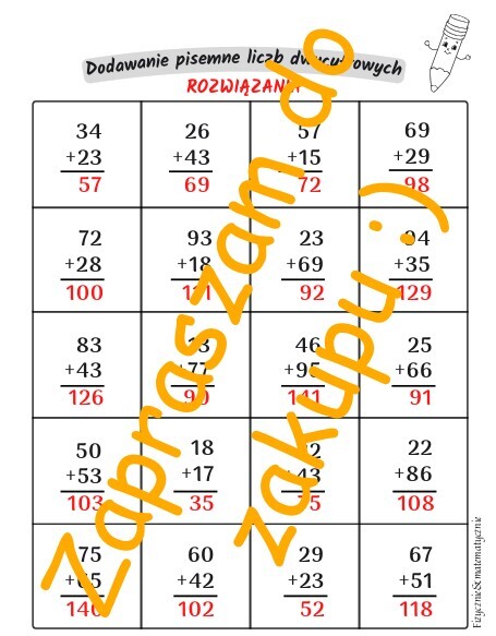Dodawanie pisemne liczb dwucyfrowych z przekroczeniem i bez progu dziesiątkowego - karta pracy, kartkówka.