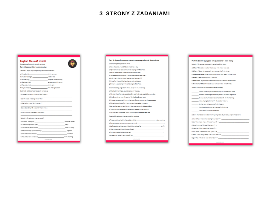 Gramatyka klasa 4: czasowniki z ing, zaimki osobowe w formie dopełnienia, zaimki pytające . Na podstawie podręcznika English Class A1 Unit 8