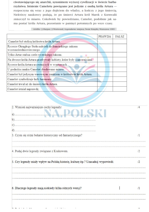 Sprawdzian z legend - kl.6