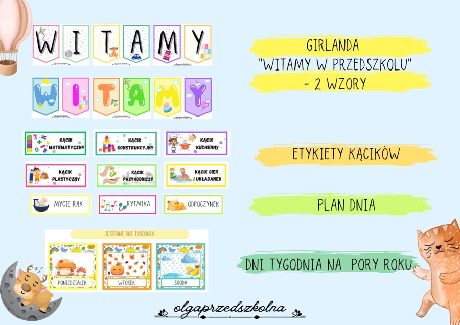 Zestaw przedszkole - gazetka. (pory roku, dni tyg., znaczki, girlanda...)
