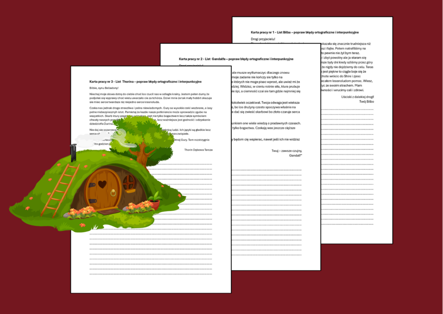 📜Zestaw 3 listów do ćwiczeń ortograficznych i interpunkcyjnych - 🐉💍"HOBBIT, CZYLI TAM I Z POWROTEM" - ortografia - interpunkcja + odpowiedzi