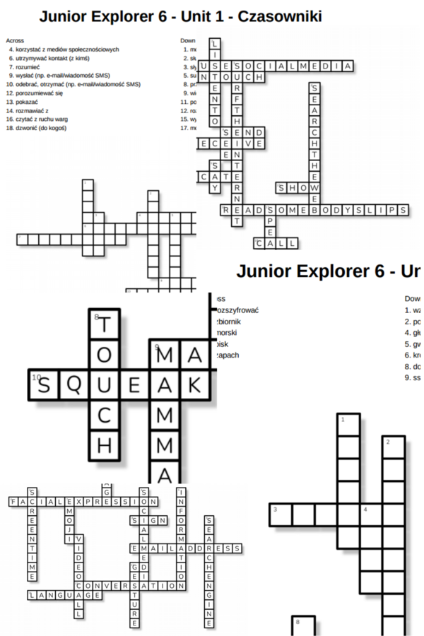 Junior Explorer 6 – Unit 1 – krzyżówki – Czasowniki/Porozumiewanie się - Rzeczowniki/Sprzęt komputerowy/Inne słówka