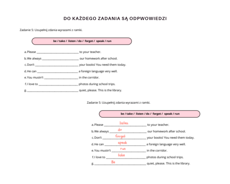 Together Klasa 5 Unit 1 Dodatkowe materiały powtórzeniowe, słownictwo, nazwy przedmiotów szkolnych i pomieszczeń, gramatyka Present Simple, konstrukcja there is there are, czasownik must, komunikacja