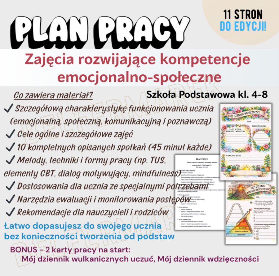 PLAN PRACY ZAJĘCIA ROZWIJAJĄCE KOMPETENCJE EMOCJONALNO-SPOŁECZNE Szkoła Podstawowa
