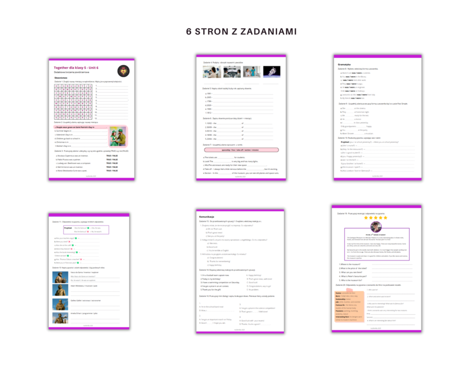 Together dla Klasy 5 Unit 6 Materiały dodatkowe, powtórzenie, ćwiczenia, zadania, karty pracy, język angielski, słownictwo, gramatyka, komunikacja, nazwy zawodów, miesięcy, odczytywanie dat, przeszła forma czasownika być, was were