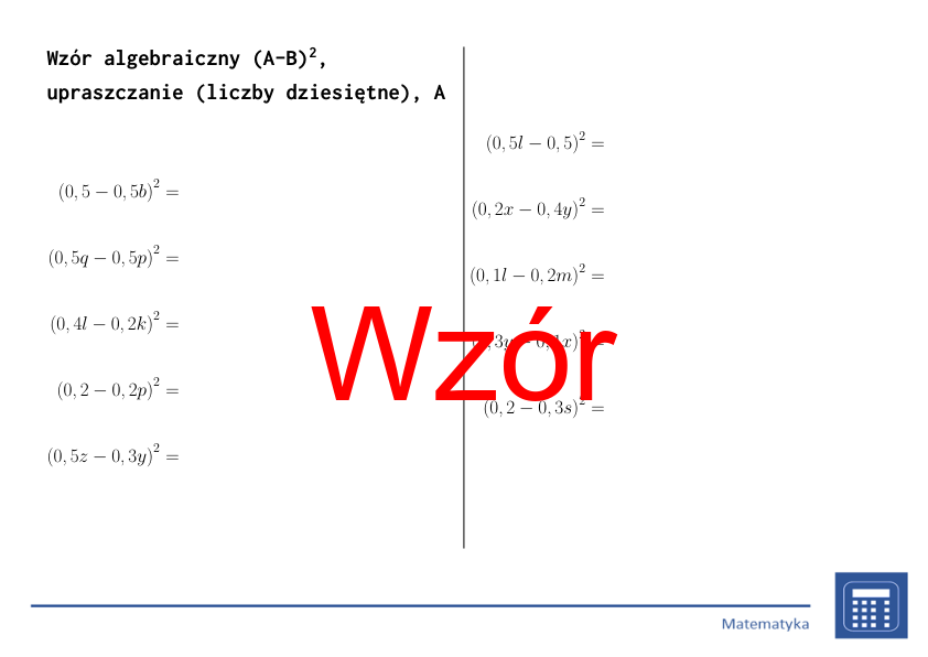 Wzór algebraiczny (A-B)^2, upraszczanie (liczby dziesiętne) | matematyka, algebra | 26 kolumn