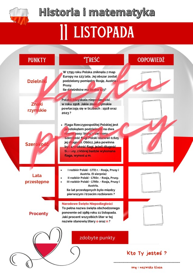 11 listopada - matematyczna karta pracy