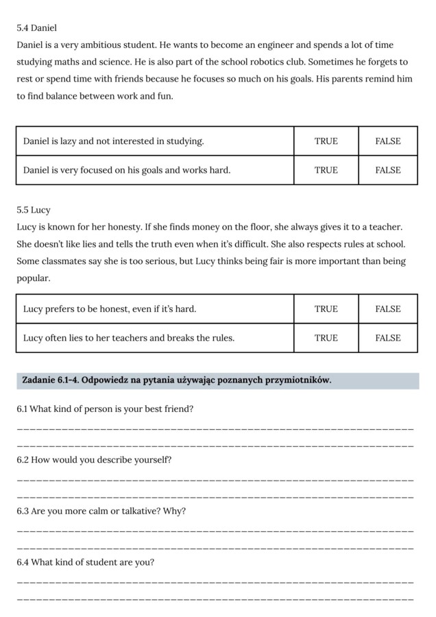 PRZYMIOTNIKI (CECHY CHARAKTERU)– Zbiór zadań do egzaminu ósmoklasisty z języka angielskiego. Poziom A2/A2+ – przymiotniki opisujące cechy charakteru, przymiotniki zaprzeczające - przedrostki( un-, dis-, in-, im-, ir-), wypełnianie luk w tekście, dialogac