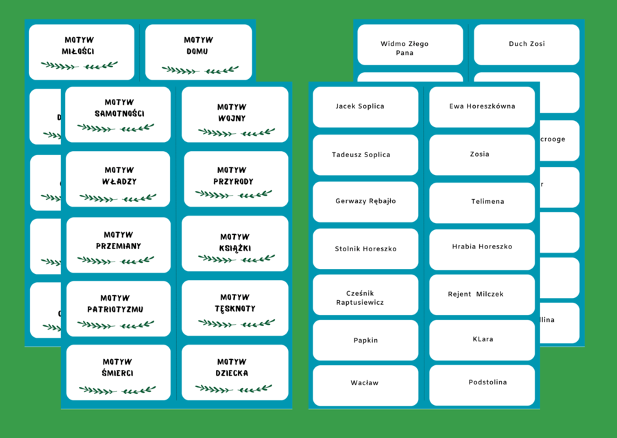 MOTYWY LITERACKIE - bohaterowie - fiszki - klasy 7-8 - egzamin - powtórzenie