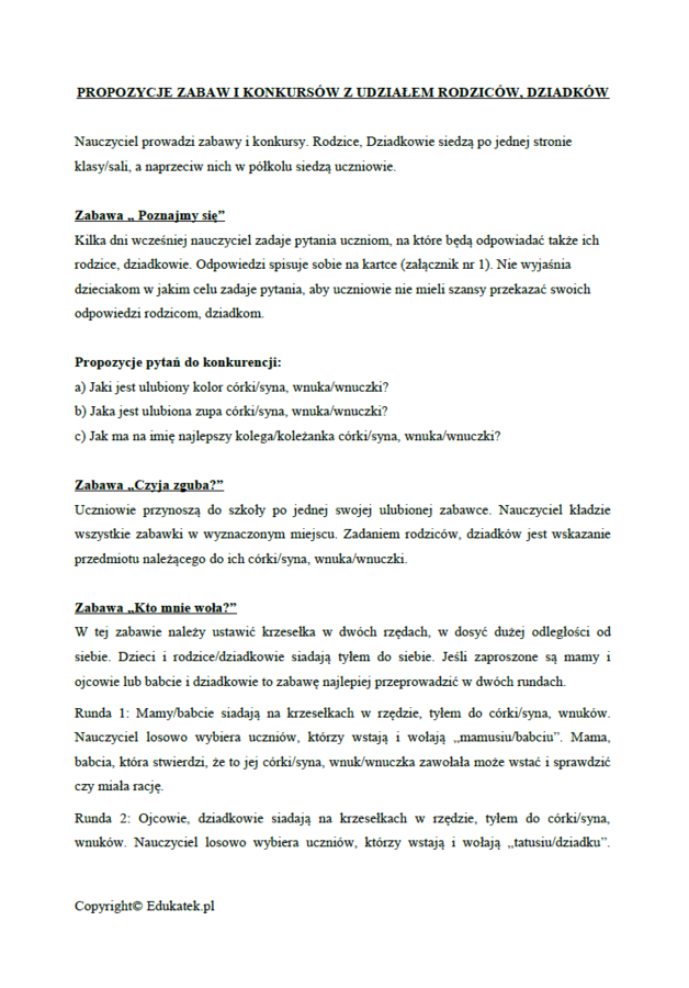 Zabawy i konkursy na „Dzień Rodziny”, „Dzień Mamy”, „Dzień Taty”, „Dzień Babci i Dziadka” – pomoce dla nauczyciela