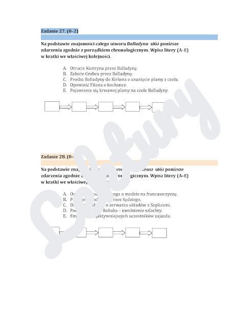 Układanie zdarzeń z lektur obowiązkowych w kolejności chronologicznej- zestaw ćwiczeń z kluczem odpowiedzi