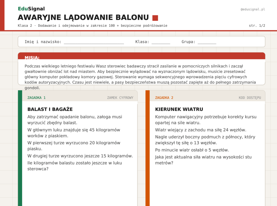 Awaryjne Lądowanie Balonu | Escape room — dodawanie i odejmowanie do 100, klasa 2 | karta ucznia + klucz + fiszki narracyjne