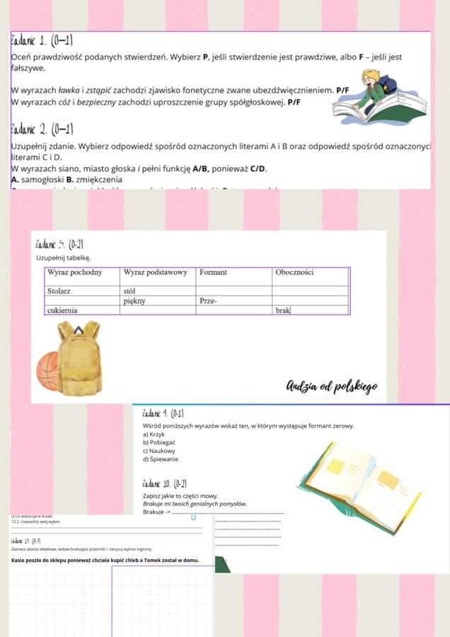 Sprawdzian/karta pracy z języka (FONETYKA, SŁOWOTWÓSTWO, CZĘŚCI MOWY I CZĘŚCI ZDANIA)