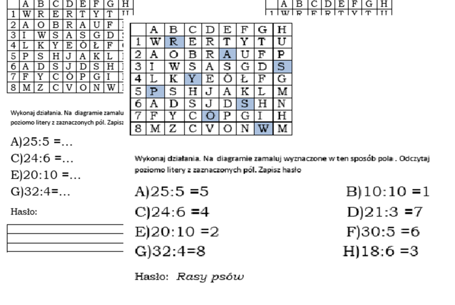 Matematyczna kodowanka z dzieleniem i hasłem dla klasy 2