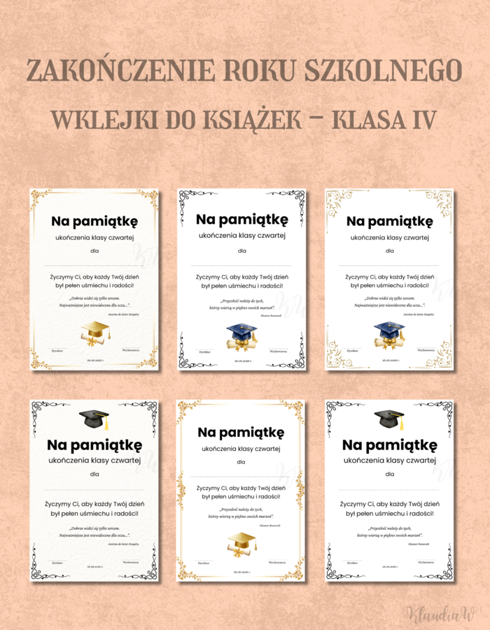 Wklejki do książek na zakończenie roku - klasa 4
