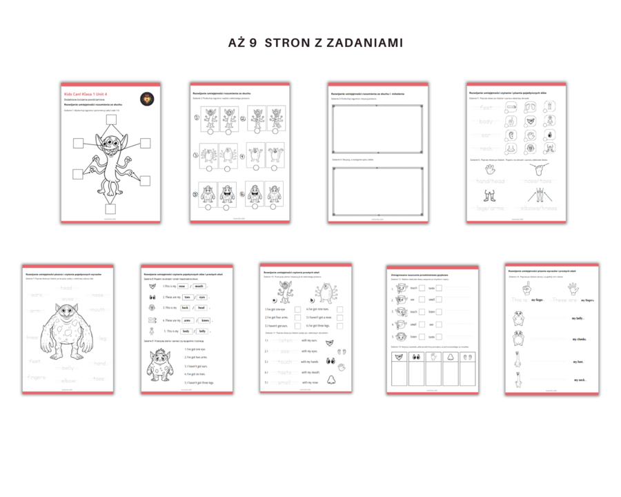 Kids Can 1 Unit 4 Body Parts Karty Pracy Dodatkowe zadania utrwalające Powtórzenie Klasa Pierwsza Części ciała  Zadania Słuchanie Czytanie Mówienie Pisanie