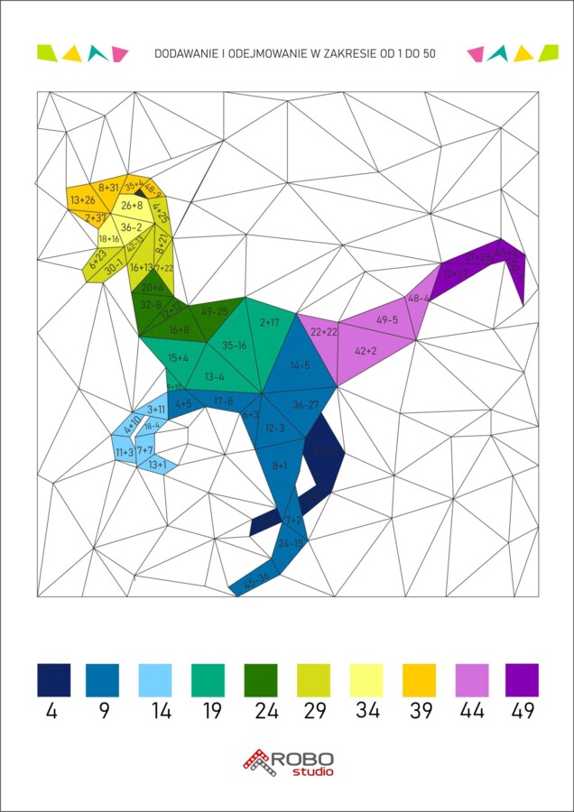Kolorowanka matematyczna, dodawanie i odejmowanie od 1 do 50, dzień dinozaura, prehistoria, matematyka i sztuka.