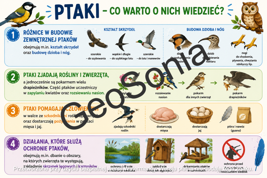 Przegląd i znaczenie ptaków  biologia klasa 6 sketchnotka