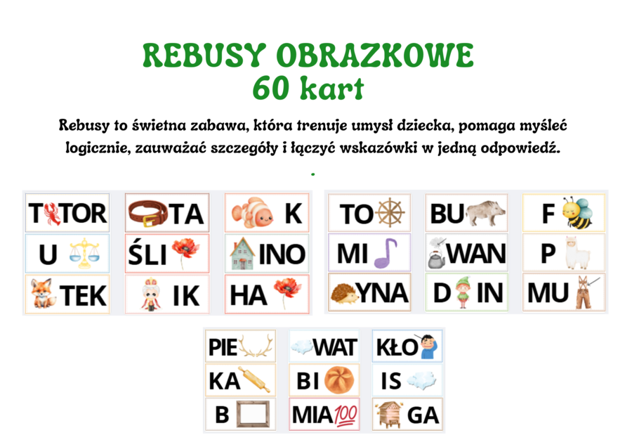 Rebusy obrazkowe do nauki czytania dla dzieci (łatwe) - pdf
