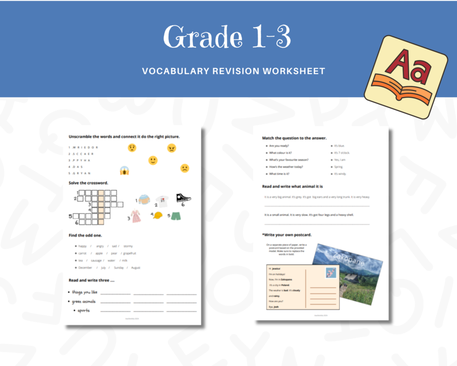 Grade 1-3 vocabulary revision worksheet - karta pracy na powtórzenie słownictwa z klas 1-3 dla klasy 4, język angielski
