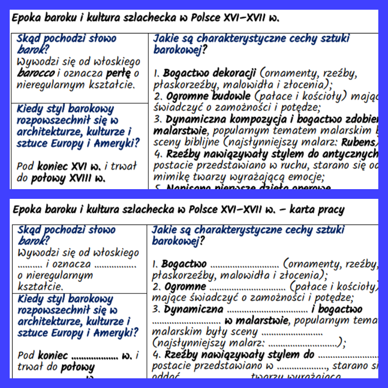 Epoka baroku i kultura szlachecka w Polsce XVI–XVII w. – notatki i karta pracy
