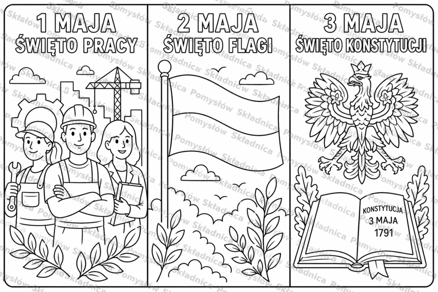 ŚWIĘTA MAJOWE - kolorowanka/plakat XXL+miniatura A4 (pakiet); 1 maja, 2 maja, 3 maja; dekoracja, gazetka, karta pracy