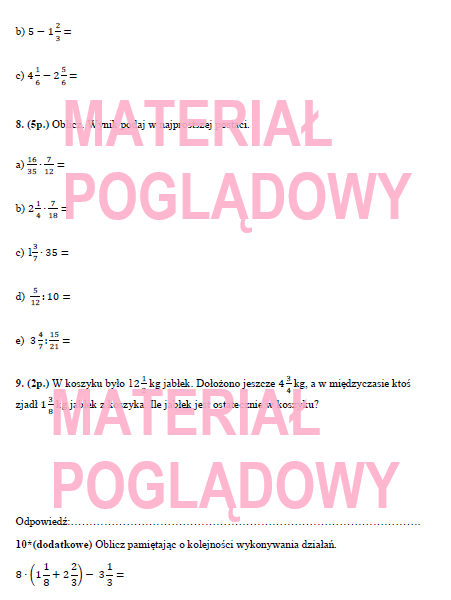 Sprawdzian (karta pracy) klasa 5 ułamki zwykłe