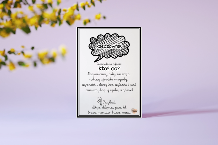 Plakat/wklejka części mowy (rzeczownik, czasownik, przymiotnik, liczebnik, przysłówek)