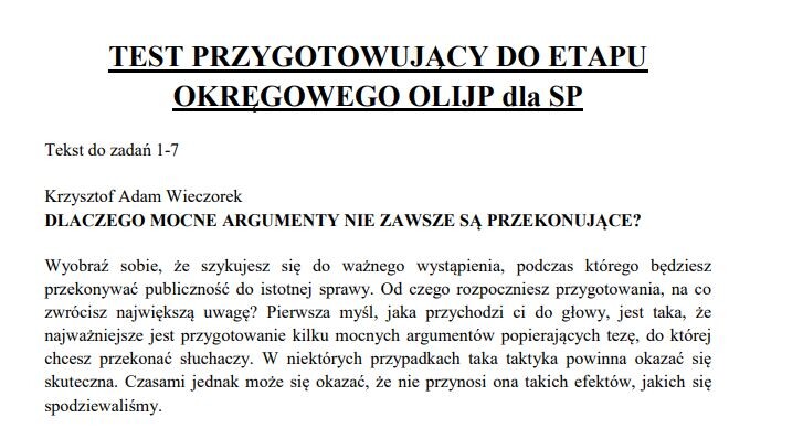 TEST PRZYGOTOWUJĄCY DO ETAPU OKRĘGOWEGO OLIJP DLA SP