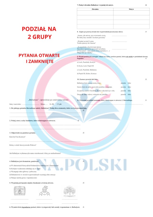 Balladyna - sprawdzian po omówieniu lektury