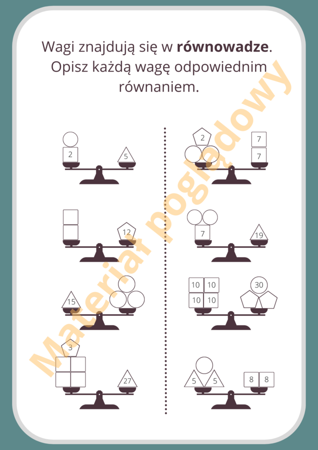 Waga - wprowadzenie do rozwiązywania równań [lub zagadki dla klas młodszych]