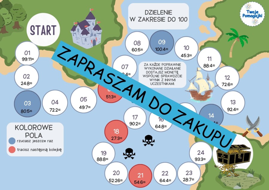 Działania w zakresie do 100 (dodawanie, odejmowanie, mnożenie, dzielenie) - 4 plansze do gry "Poszukiwacze skarbów".