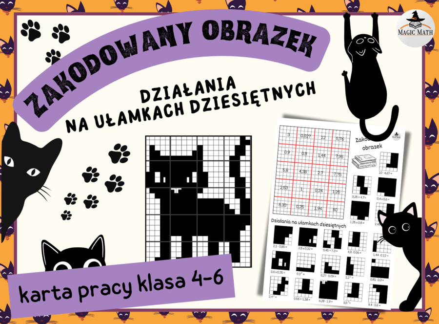 ZAKODOWANY OBRAZEK – Działania na ułamkach dziesiętnych - Dzień Kota, Andrzejki, Halloween