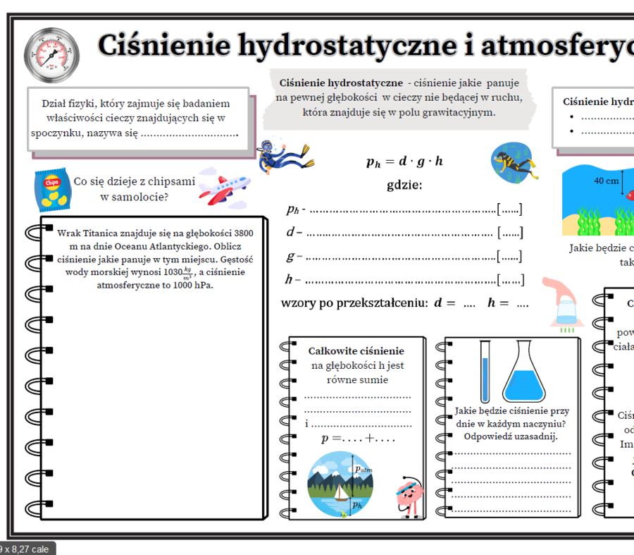 Ciśnienie hydrostatyczne i atmosferyczne - fizyka SP (karta pracy). Fizunia. Mrs_Physics