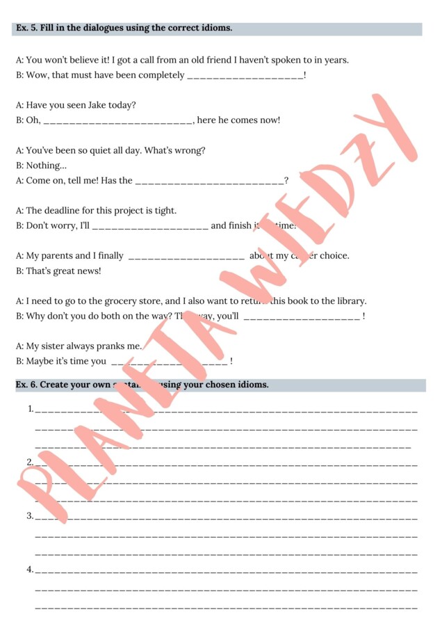 Najpopularniejsze angielskie idiomy – Karta pracy dla uczniów, Ćwiczenia zwrotów – język angielski, (poziom A2/B1, szkoła podstawowa), PDF do druku