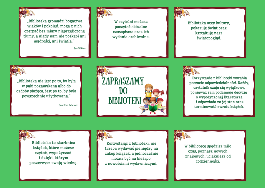 ZAPRASZAMY DO BIBLIOTEKI - biblioteka - gazetka – zalety biblioteki - cytaty – wersja 2