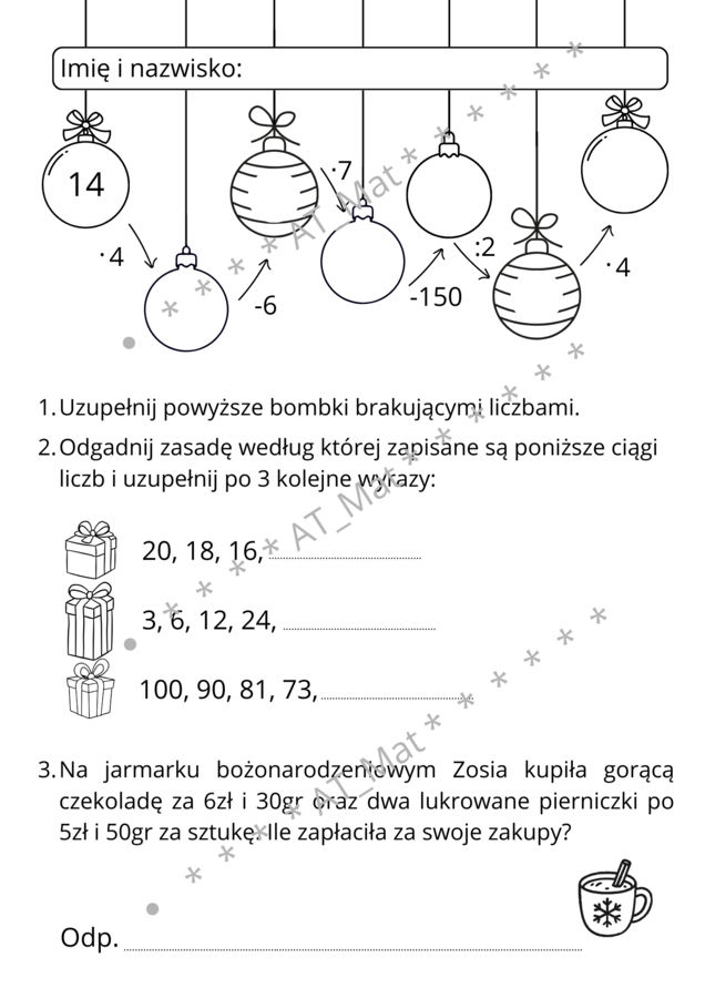 Karta pracy dla klasy 4 na Mikołajki lub Święta