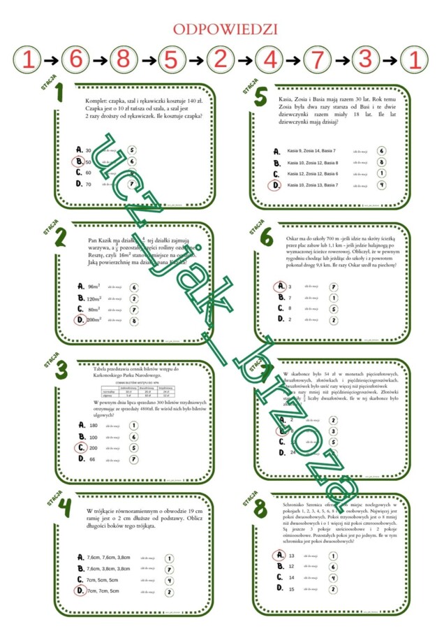 Rozwiązywanie zadań tekstowych za pomocą równań, stacje zadaniowe, klasa 8