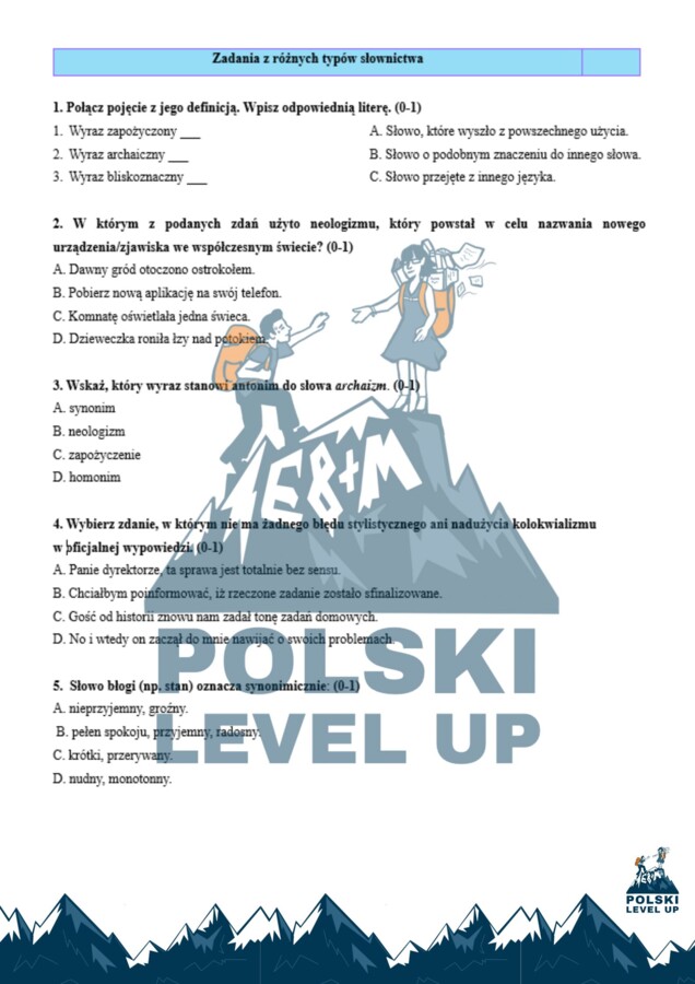 Test  leksyka  E8_50 zadań+ klucz_Polski Level Up