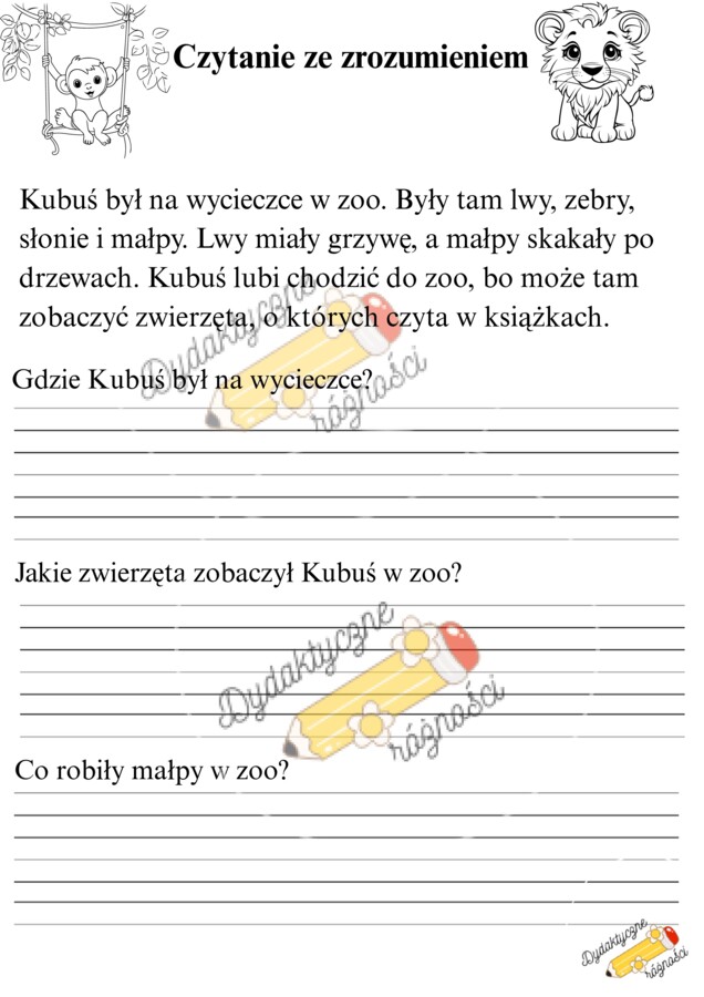 Czytanie ze zrozumieniem klasa 1 ( Szkoła, Owoc, Strażak, Wiosna, Wieś, Zoo, Pimpek, Koty). Proste teksty + pytania.