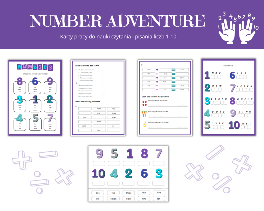 Number Advenure 1-10 - zestaw do nauki liczb 1-10 po angielsku, czytanie, pisanie, dodawanie i odejmowane w zakresie 10, karty pracy, karty obrazkowe, karty wyrazowe , numbers,