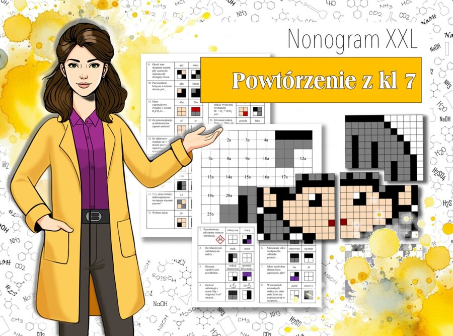 Klasa 7/8. Chemia. Powtórzenie wiadomości z klasy siódmej. Kolorowanka chemiczna. Nonogram w formacie XXL. Karta pracy. Zadanie. Praca grupowa. Powtórzenie wiadomości. MOC powtórki.